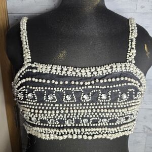 Vtg Contempo Casuals Pearl Embellished Black Crop Top